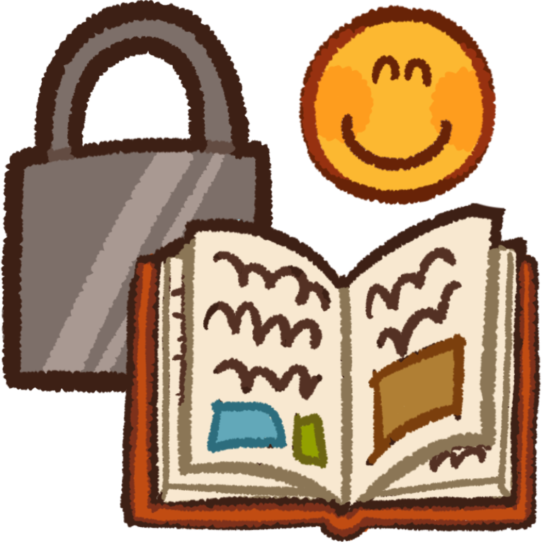 an open book with a closed padlock behind it. in the corner of the image is a smiling emoji yellow face